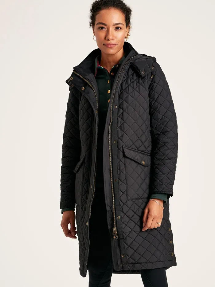 Joules Coats and Jackets Women Black Showerproof Long Diamond Quilted Coat With Hood