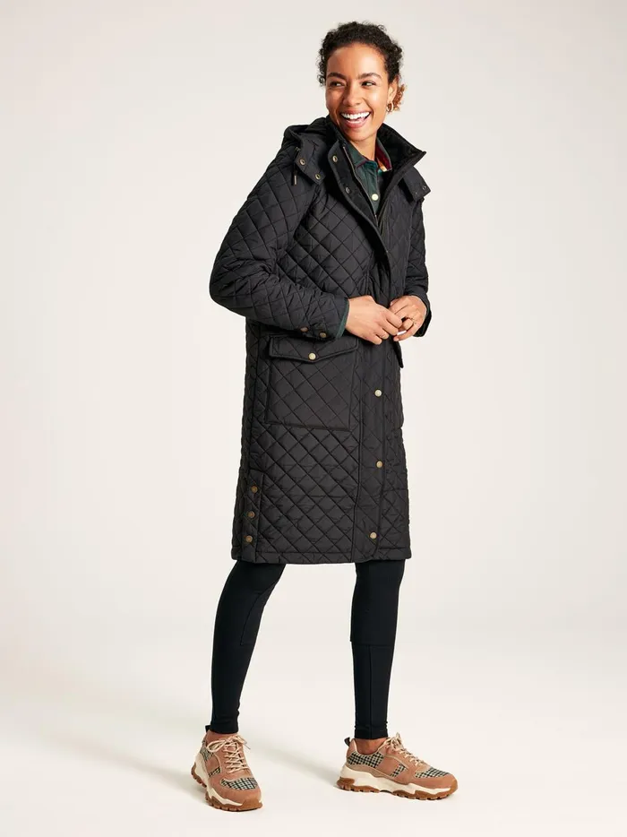 Joules Coats and Jackets Women Black Showerproof Long Diamond Quilted Coat With Hood