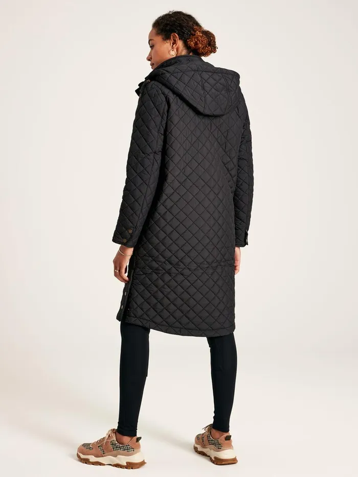 Joules Coats and Jackets Women Black Showerproof Long Diamond Quilted Coat With Hood