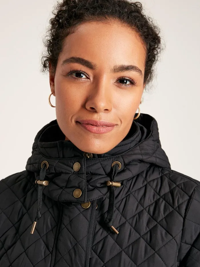Joules Coats and Jackets Women Black Showerproof Long Diamond Quilted Coat With Hood