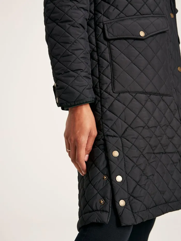 Joules Coats and Jackets Women Black Showerproof Long Diamond Quilted Coat With Hood