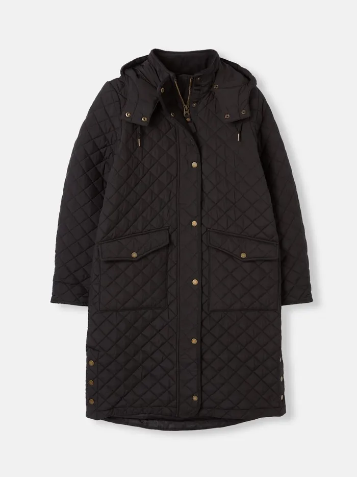 Joules Coats and Jackets Women Black Showerproof Long Diamond Quilted Coat With Hood