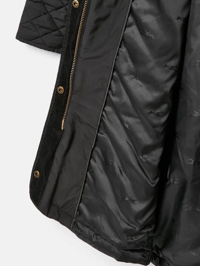 Joules Coats and Jackets Women Black Showerproof Long Diamond Quilted Coat With Hood