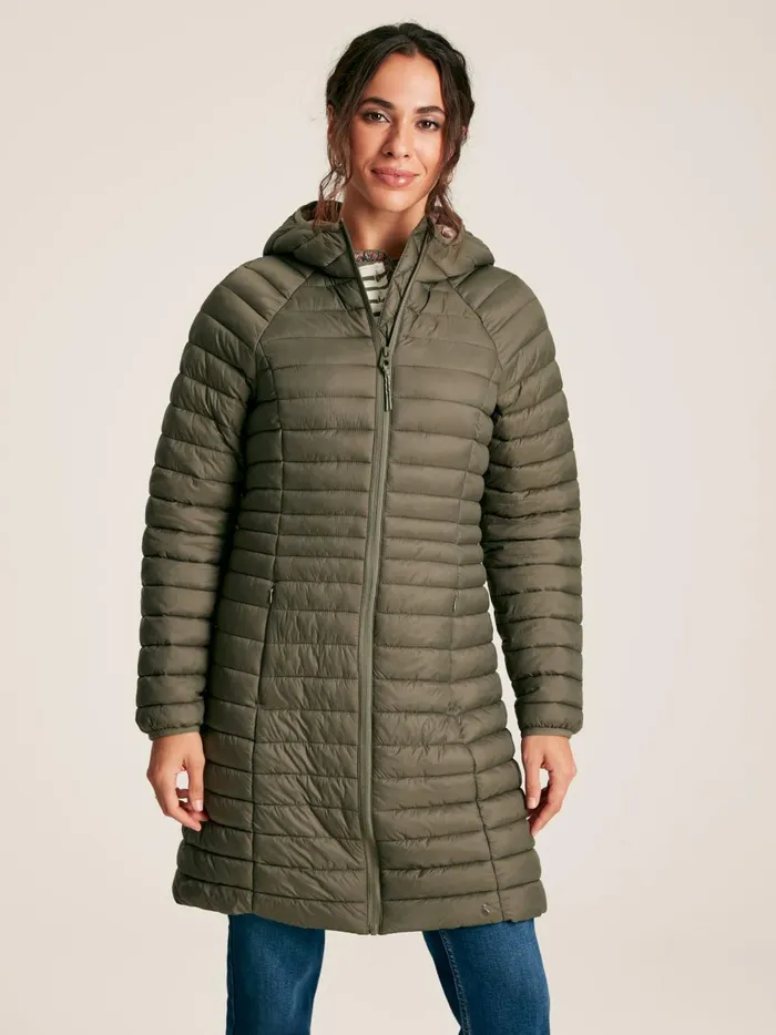 Joules Coats and Jackets Women Khaki Green Showerproof Long Packable Padded Coat