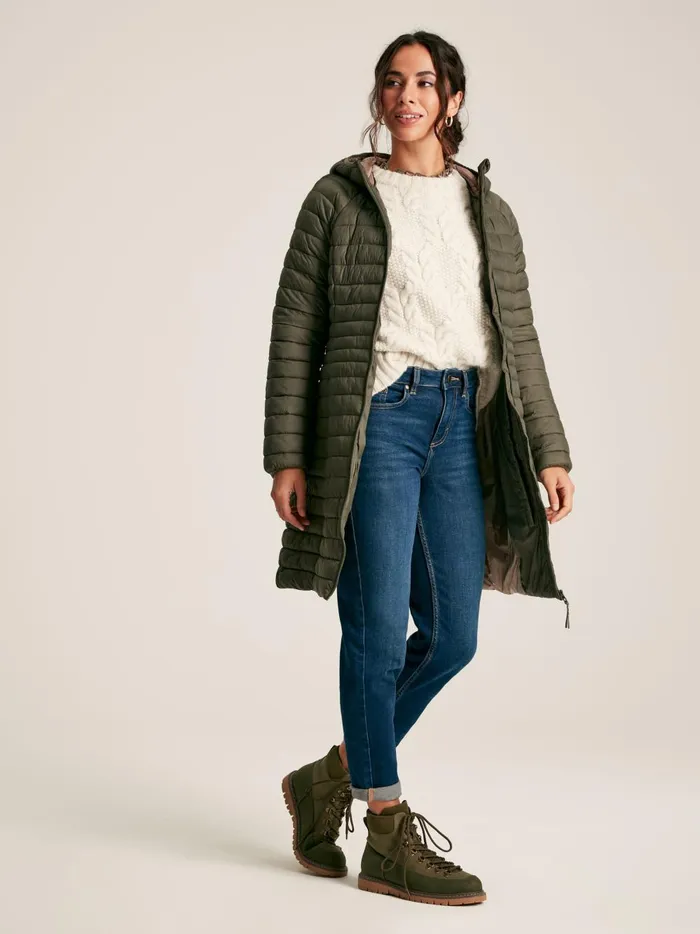 Joules Coats and Jackets Women Khaki Green Showerproof Long Packable Padded Coat