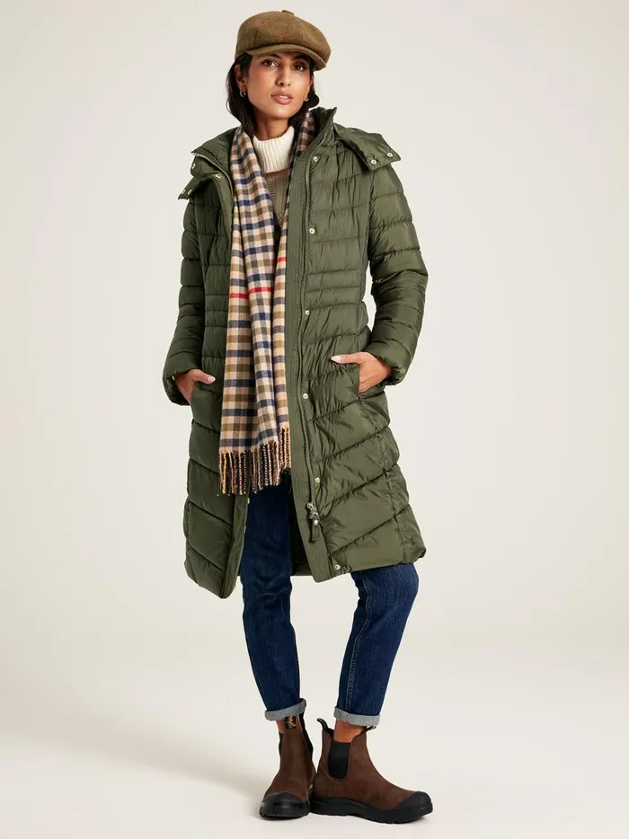 Joules Coats and Jackets Women Khaki Green Showerproof Long Padded Coat With Hood