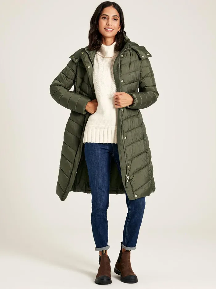 Joules Coats and Jackets Women Khaki Green Showerproof Long Padded Coat With Hood