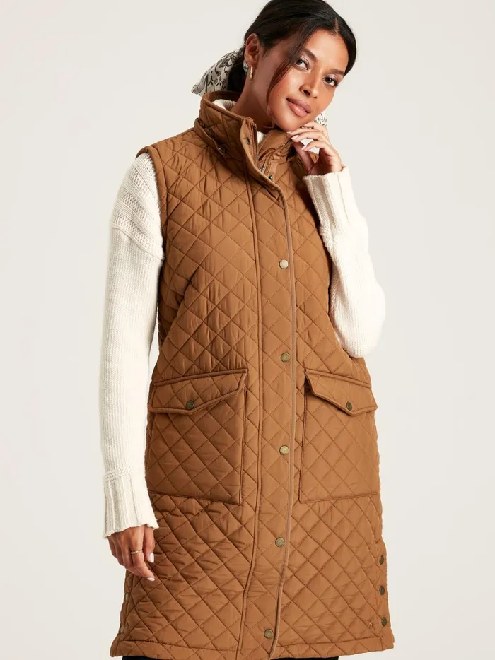 Joules Coats and Jackets Women Rust Brown Showerproof Long Diamond Quilted Gilet With Hood