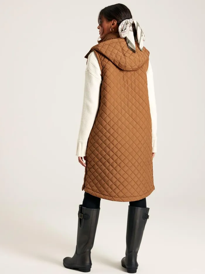 Joules Coats and Jackets Women Rust Brown Showerproof Long Diamond Quilted Gilet With Hood