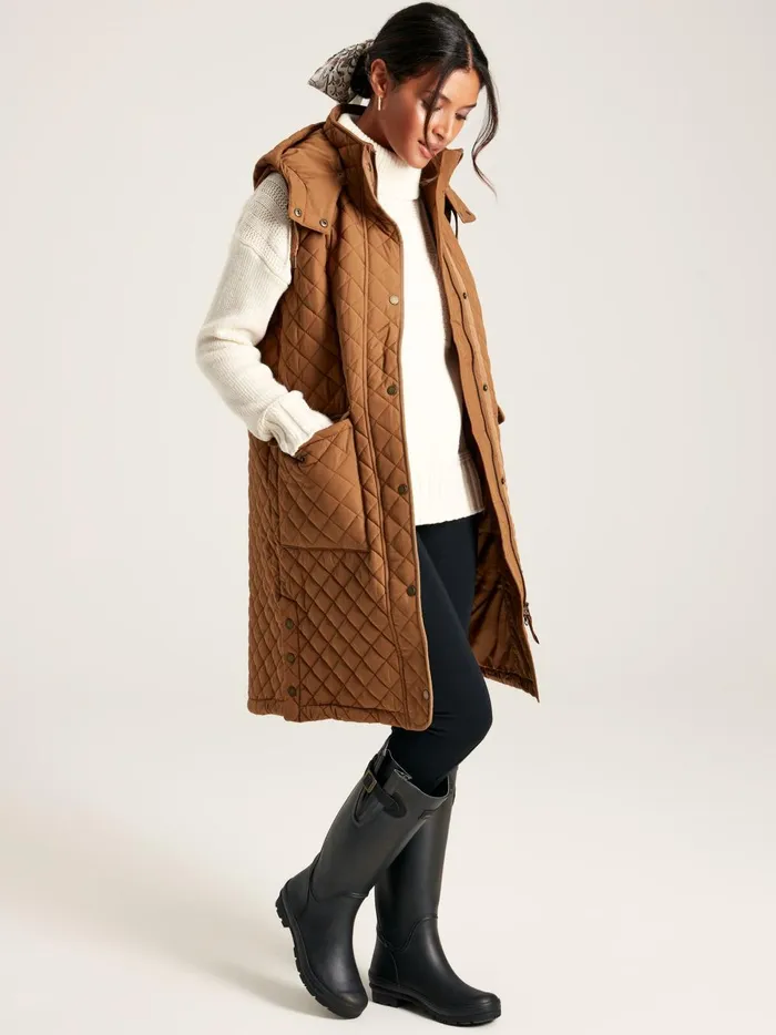 Joules Coats and Jackets Women Rust Brown Showerproof Long Diamond Quilted Gilet With Hood