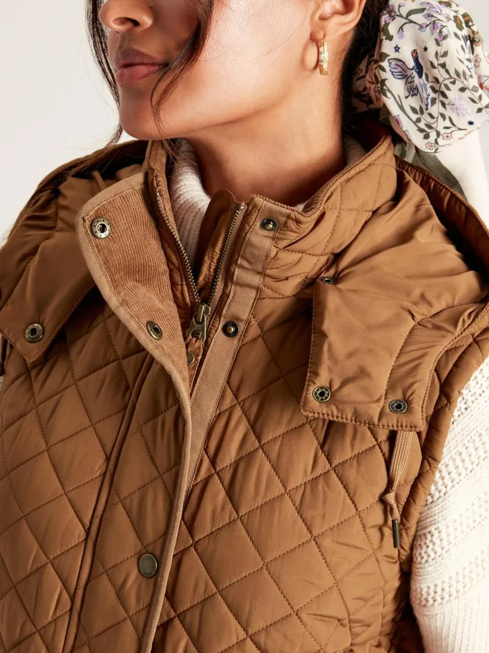 Joules Coats and Jackets Women Rust Brown Showerproof Long Diamond Quilted Gilet With Hood