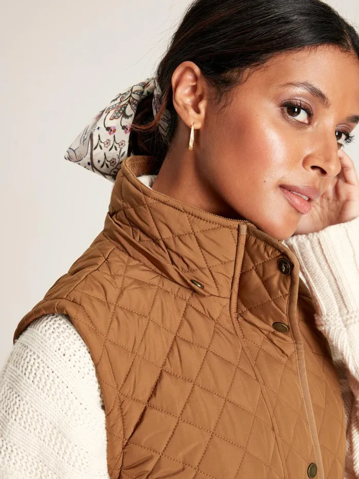 Joules Coats and Jackets Women Rust Brown Showerproof Long Diamond Quilted Gilet With Hood