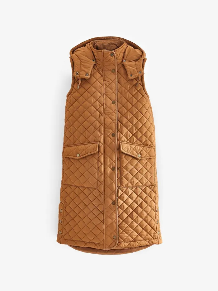 Joules Coats and Jackets Women Rust Brown Showerproof Long Diamond Quilted Gilet With Hood