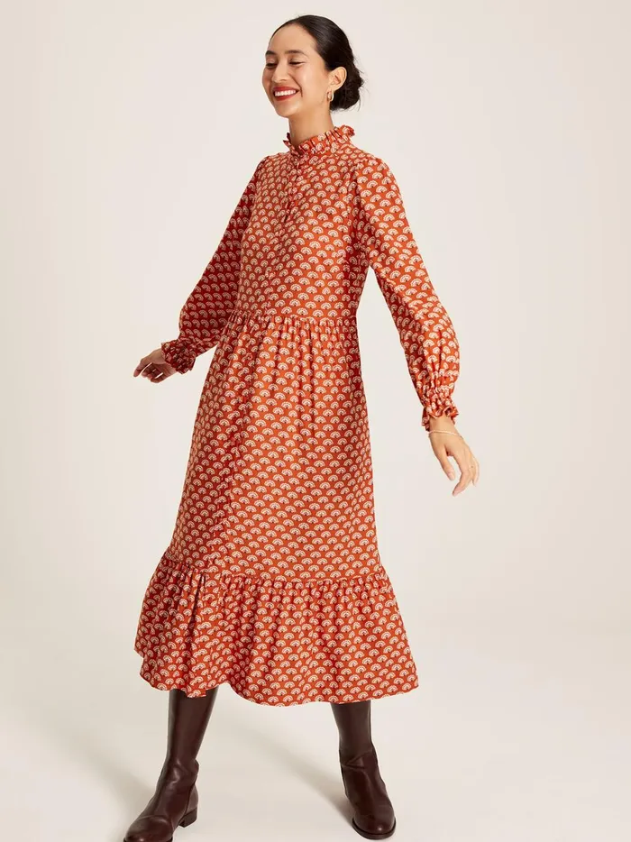 Joules Dresses Women Burnt Orange Midi Tier Dress With Frill Neck