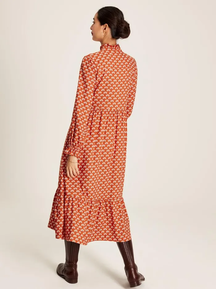 Joules Dresses Women Burnt Orange Midi Tier Dress With Frill Neck