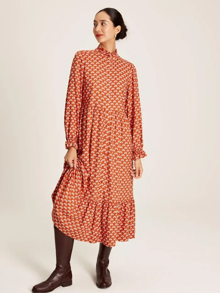 Joules Dresses Women Burnt Orange Midi Tier Dress With Frill Neck