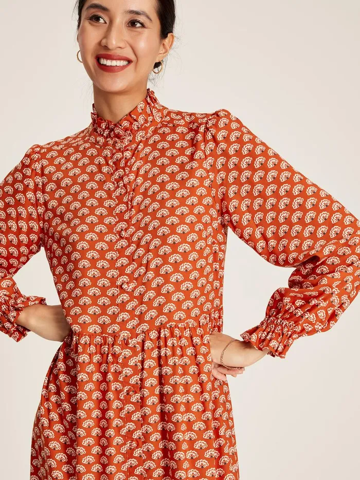 Joules Dresses Women Burnt Orange Midi Tier Dress With Frill Neck