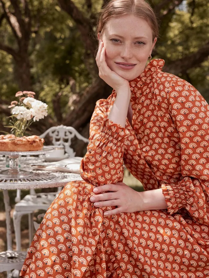 Joules Dresses Women Burnt Orange Midi Tier Dress With Frill Neck