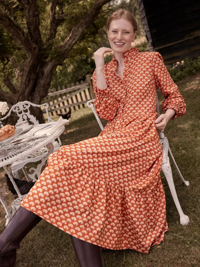 Joules Dresses Women Burnt Orange Midi Tier Dress With Frill Neck