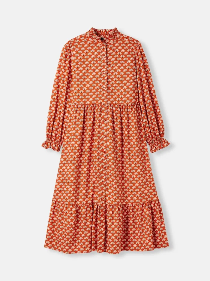 Joules Dresses Women Burnt Orange Midi Tier Dress With Frill Neck