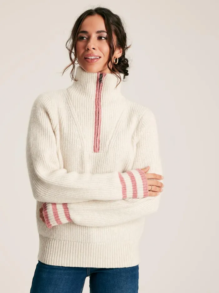Joules Knitwear Women Cream Quarter Zip Rib Knit Jumper