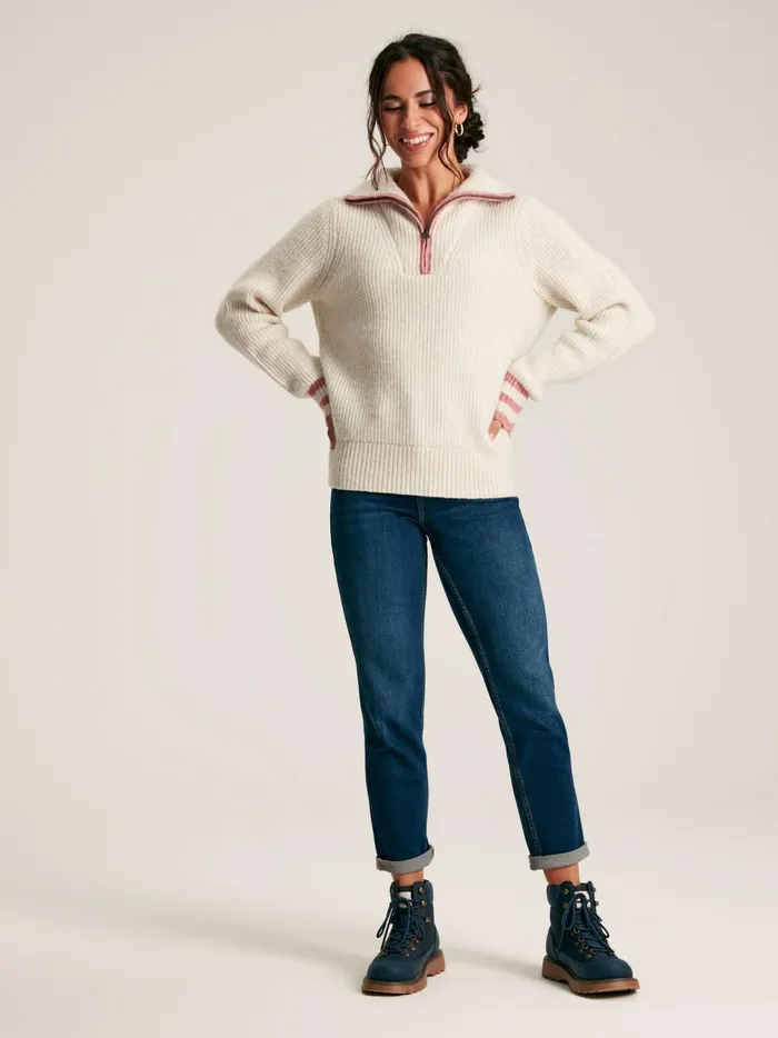 Joules Knitwear Women Cream Quarter Zip Rib Knit Jumper