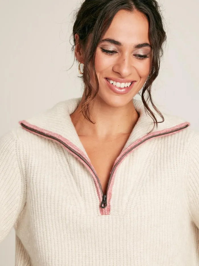 Joules Knitwear Women Cream Quarter Zip Rib Knit Jumper