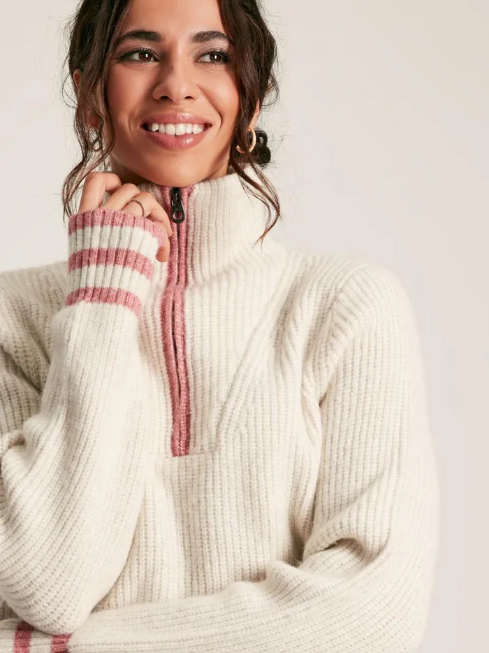 Joules Knitwear Women Cream Quarter Zip Rib Knit Jumper