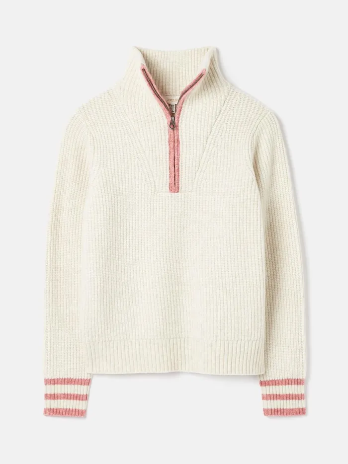 Joules Knitwear Women Cream Quarter Zip Rib Knit Jumper