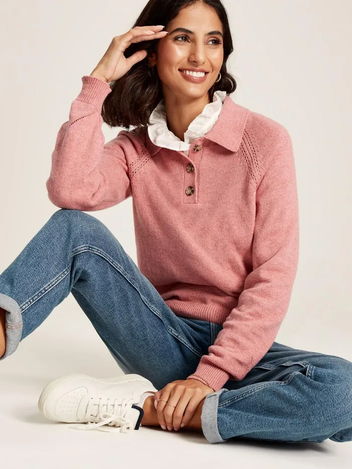 Joules Knitwear Women Pink Pointelle Jumper With Collar