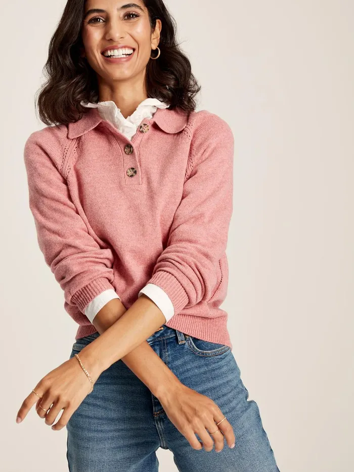 Joules Knitwear Women Pink Pointelle Jumper With Collar