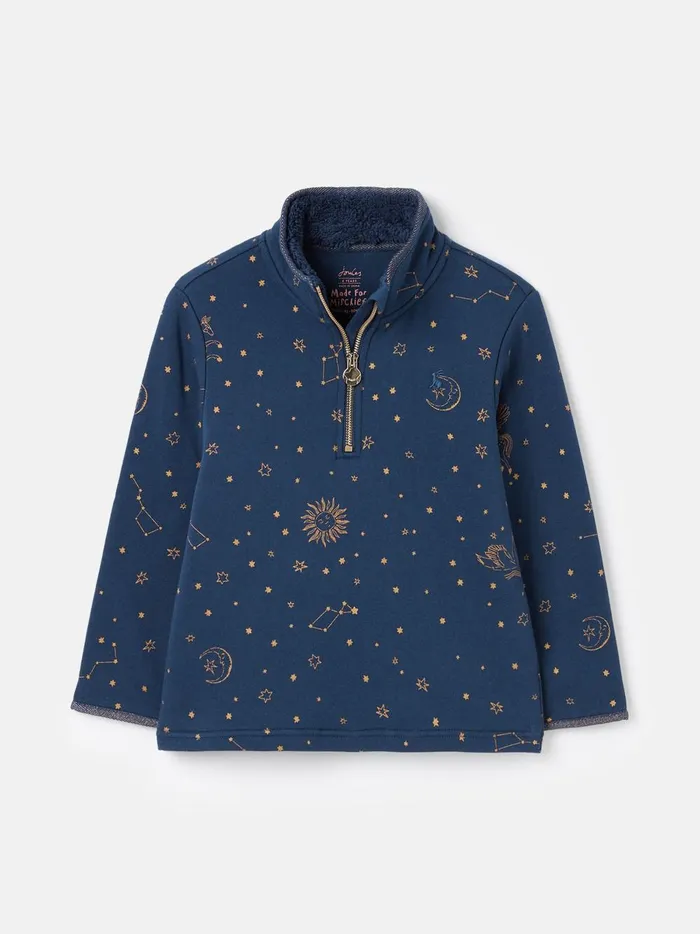 Joules Sweatshirts and Hoodies Girls Navy Quarter Zip Printed Sweatshirt With Fleece Lining