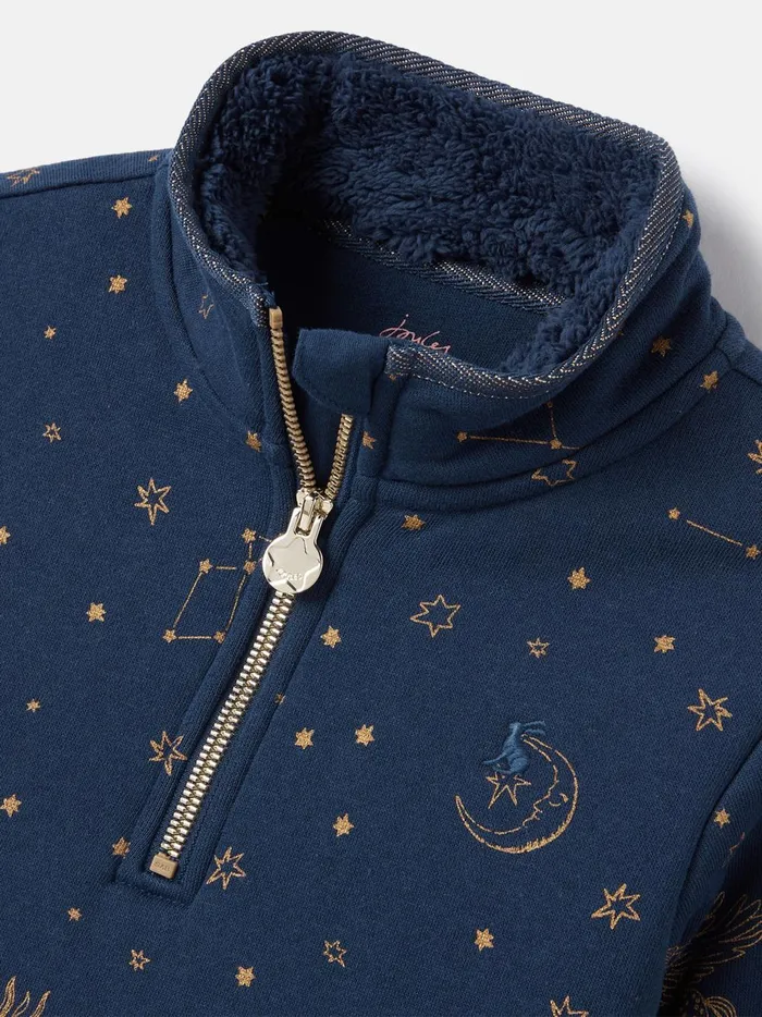 Joules Sweatshirts and Hoodies Girls Navy Quarter Zip Printed Sweatshirt With Fleece Lining
