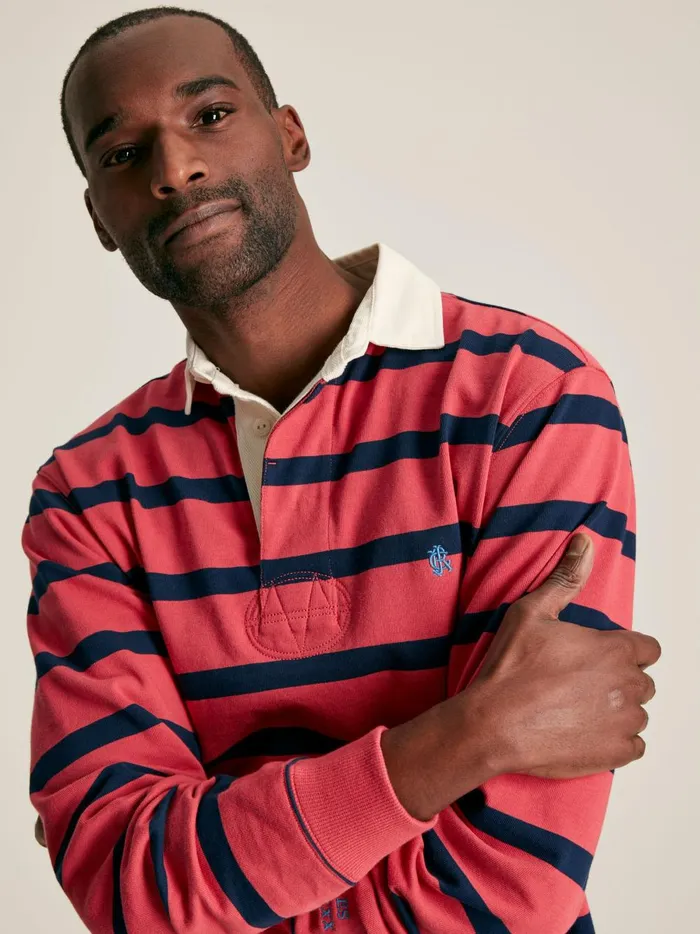 Joules Tops and Tshirts Men Pink and Navy Striped Rugby Shirt
