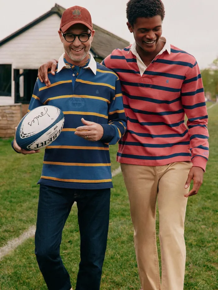 Joules Tops and Tshirts Men Pink and Navy Striped Rugby Shirt
