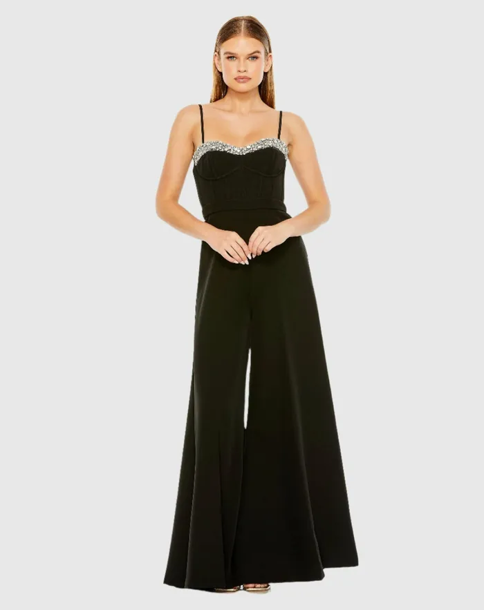 Jumpsuits and Rompers Women Slim Strap Beaded Bustier Top Jumpsuit Black Mac Duggal