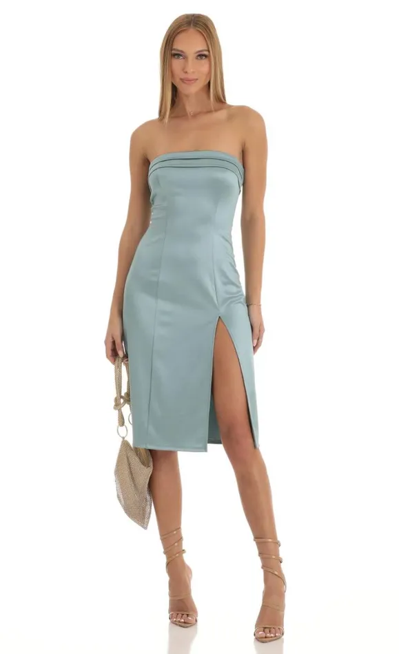 Kerrie Satin Strapless Midi Dress Stone Blue Women LUCY IN THE SKY Midi Dresses
