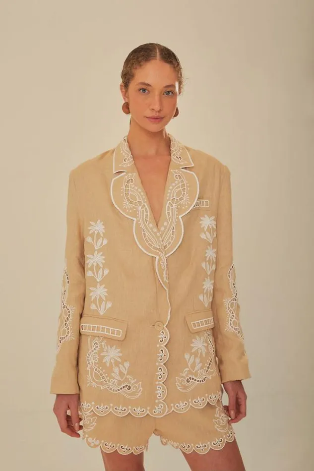 Khaki Embroidered Euroflax Premium Linen Blazer Women FARM Rio Blazers