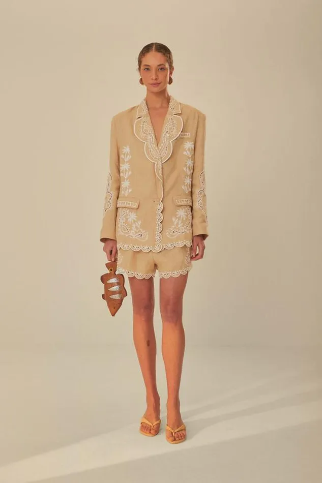 Khaki Embroidered Euroflax Premium Linen Blazer Women FARM Rio Blazers
