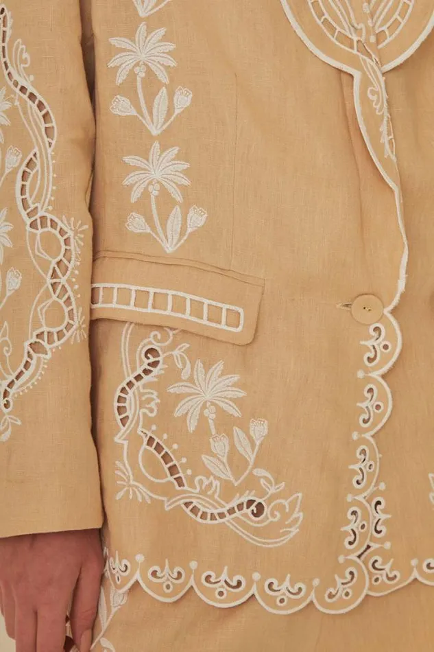 Khaki Embroidered Euroflax Premium Linen Blazer Women FARM Rio Blazers
