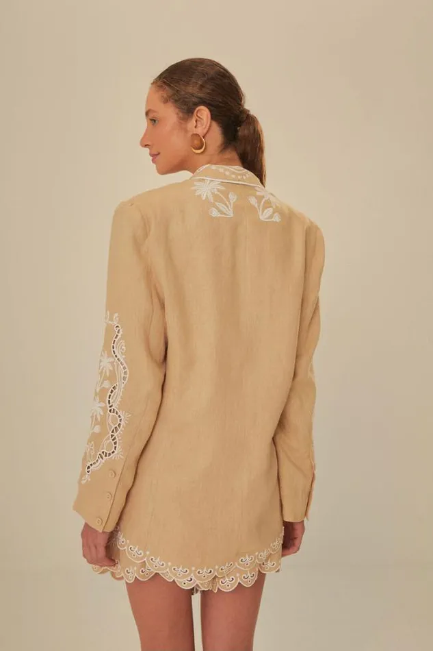 Khaki Embroidered Euroflax Premium Linen Blazer Women FARM Rio Blazers