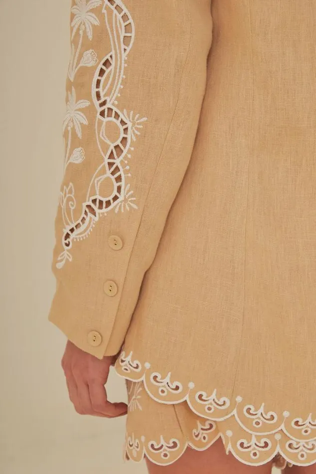 Khaki Embroidered Euroflax Premium Linen Blazer Women FARM Rio Blazers