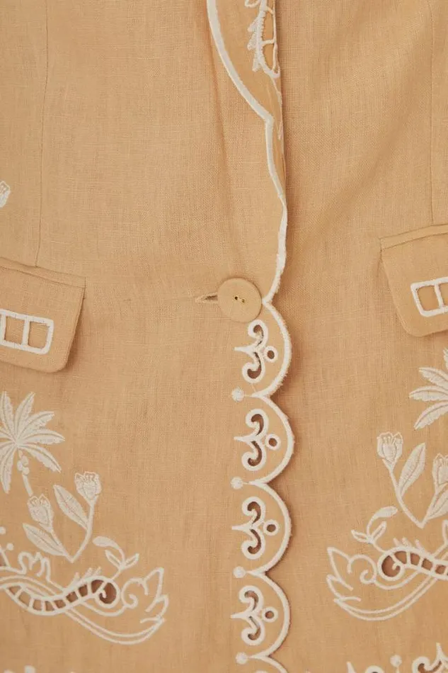 Khaki Embroidered Euroflax Premium Linen Blazer Women FARM Rio Blazers