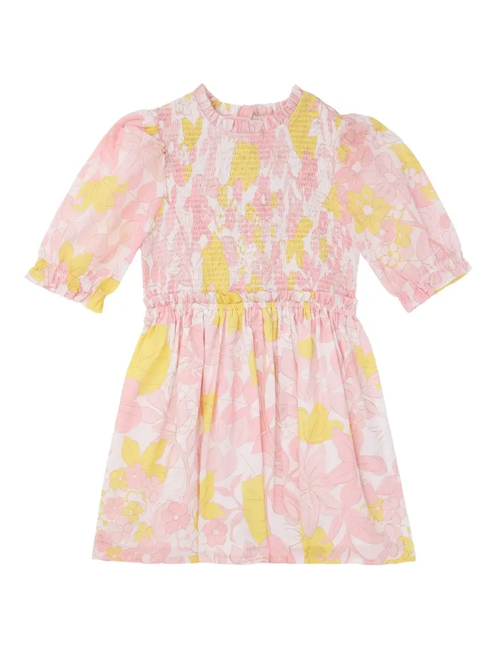 Kids Zimmermann Clothing Pop Puff Sleeve Dress Pinkyellow Floral