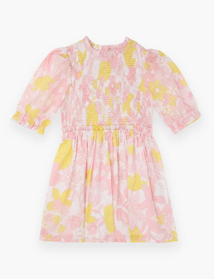 Kids Zimmermann Clothing Pop Puff Sleeve Dress Pinkyellow Floral
