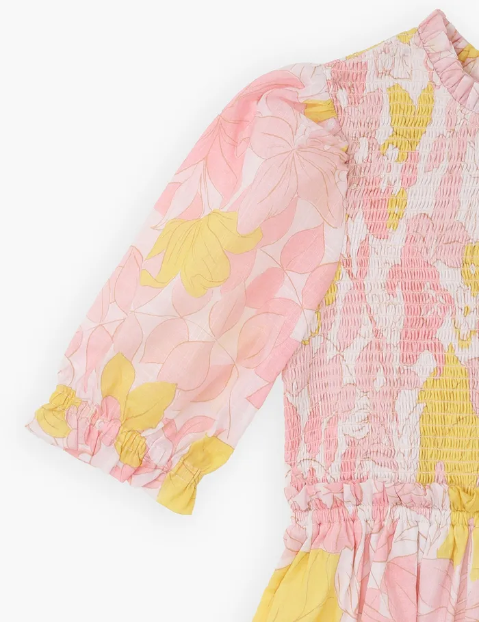 Kids Zimmermann Clothing Pop Puff Sleeve Dress Pinkyellow Floral