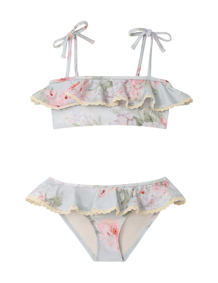 Kids Zimmermann Swimwear Halliday Trim Frill Bikini Blue Watercolour Floral