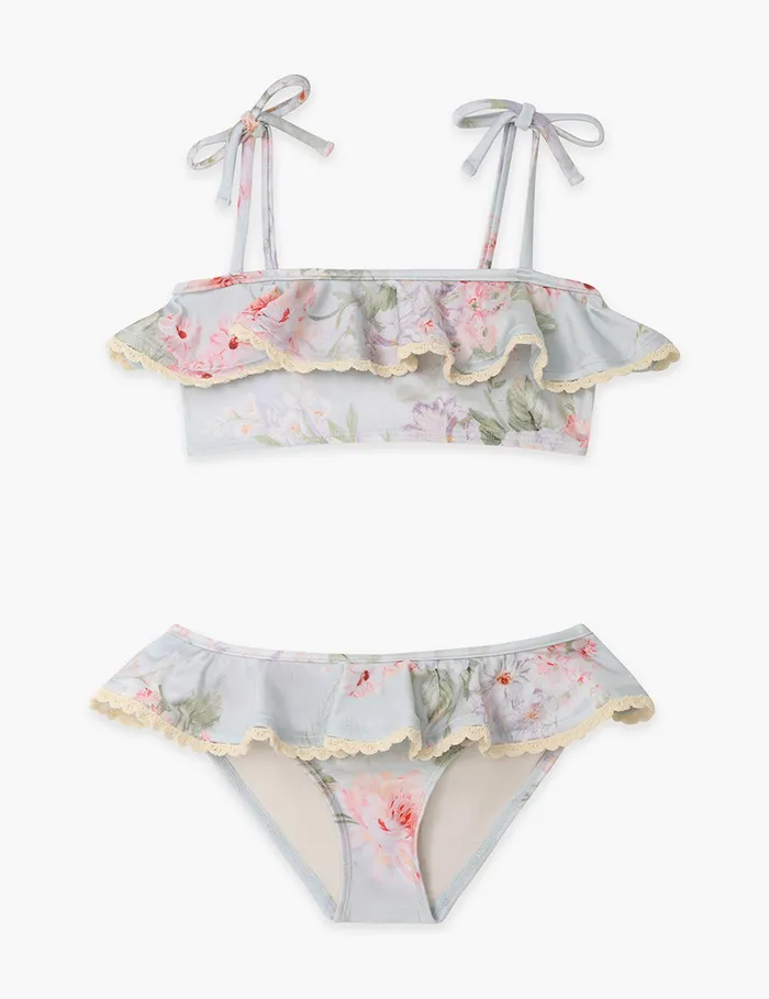 Kids Zimmermann Swimwear Halliday Trim Frill Bikini Blue Watercolour Floral