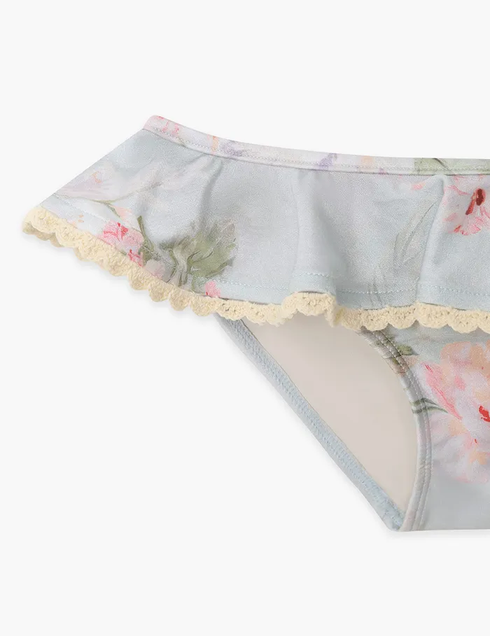 Kids Zimmermann Swimwear Halliday Trim Frill Bikini Blue Watercolour Floral