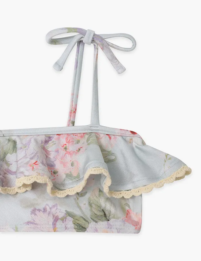 Kids Zimmermann Swimwear Halliday Trim Frill Bikini Blue Watercolour Floral